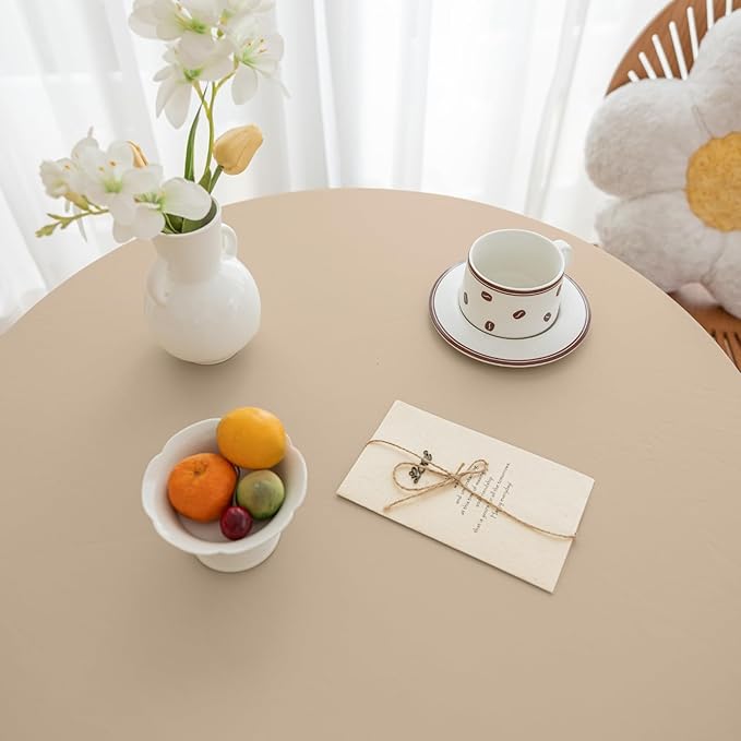 Round Fitted PU Tablecloth with High Elastic Edge 35 Inch Dia Waterproof Oil Proof Table Cloth Anti-Scald Stain-Resistant Wipeable Table Cover for Indoor Outdoor Picnic (Beige,35" Dia)