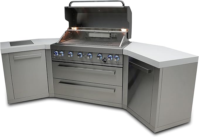 Mont Alpi MAi805-45 44-inch 6-Burner 115000 BTU 45 Degree Stainless Steel Gas Outdoor Kitchen Bar Barbecue Island Grill + Infrared Side & Rear Burners + Granite Countertops + Storage Drawers