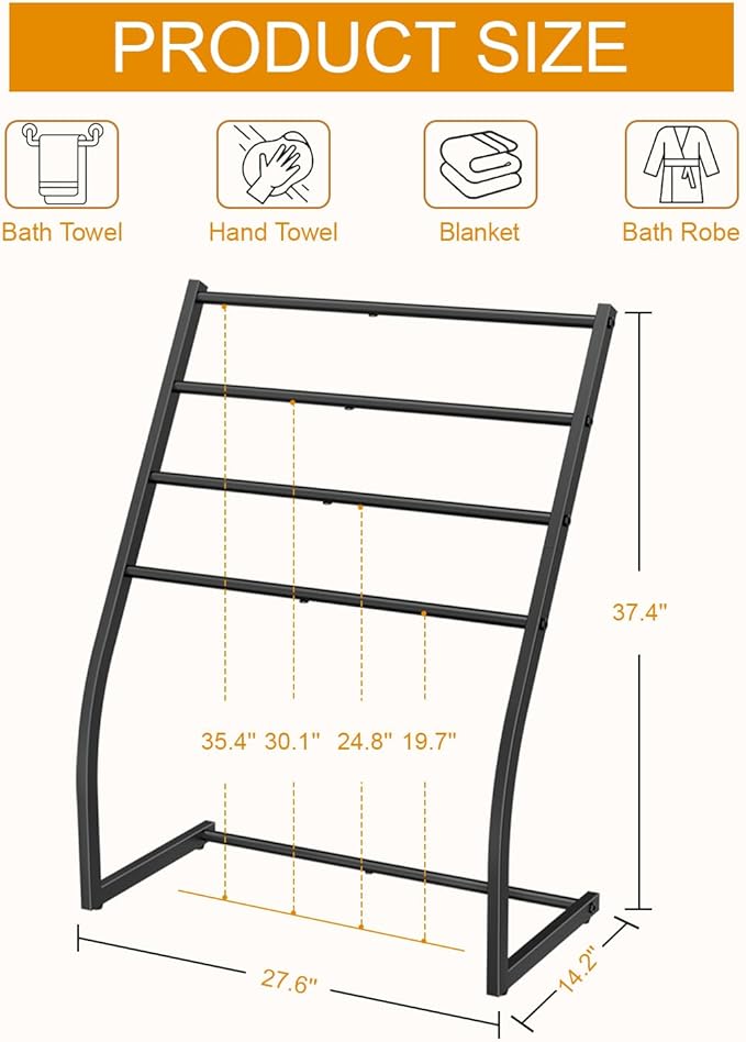Honiter Towel Racks for Bathroom, Free Standing Towel Rack, Pool Towel Racks Outdoor, 4 Tier Wide Metal Towel Bar Stand, Blanket Ladder Holder, Drying and Display Rack for Oversized Bath Towel