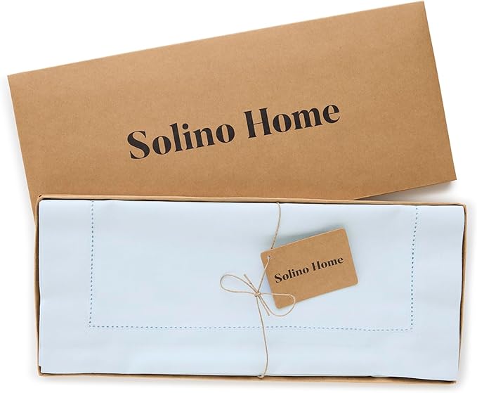 Solino Home Cotton Linen Table Runner 36 Inches - Light Blue Hemstitch Table Runner 14 x 36 Inch Ideal for Dresser and Coffee Tables, Spring, Easter