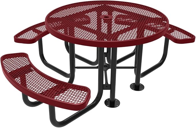 COATEDOUTDOORFURNITURE Heavy-Duty Portable ADA-Compliant Outdoor Picnic Table with Umbrella Hole, Expanded Metal Patio Dining Furniture Made in America (46" Round Top, Burgundy)