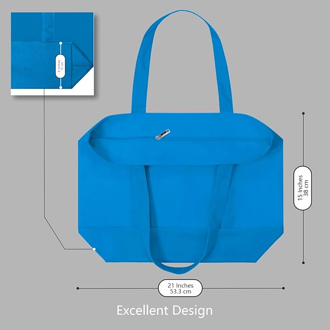 TOPDesign 1-Pack Canvas Tote Bag with an External Pocket, Reusable Grocery Shopping Bag, Top Zipper Closure, Daily Essentials (Ocean Blue)