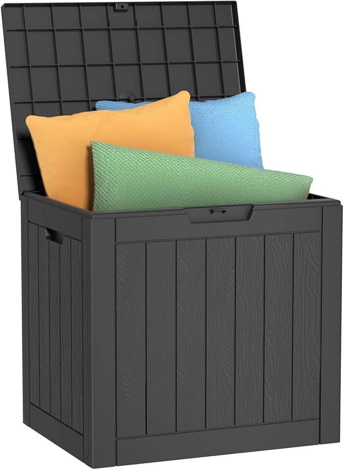 30 Gallon Deck Box,Resin Outdoor Storage Box with Lockable for Patio Furniture, Garden Tools Waterproof Outside Storage Box, Black