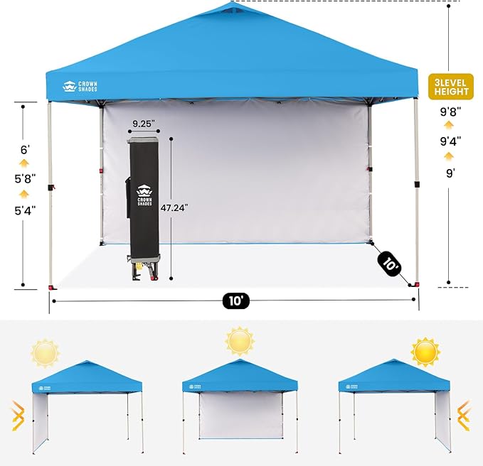 CROWN SHADES 10x10 Pop Up Canopy with 1 Side Wall - Beach Tent with One Push Setup - Outdoor Sun Shade for Events, Parties, Camping - Gazebo with STO-N-Go Cover Bag (Sky Blue)