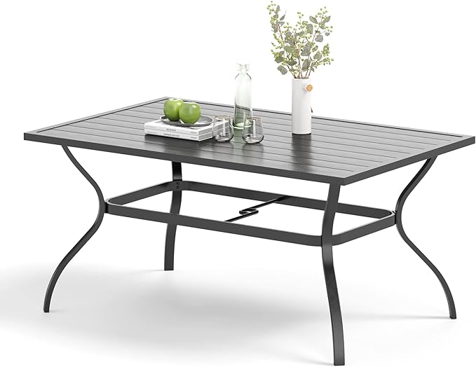 Outdoor Patio Dining Table for 6, 60" x 37" Rectangular Metal Patio Dining Table with Umbrella Hole for Garden, All Weather Wrought Iron Black Outdoor Table Backyard and Porch, Black