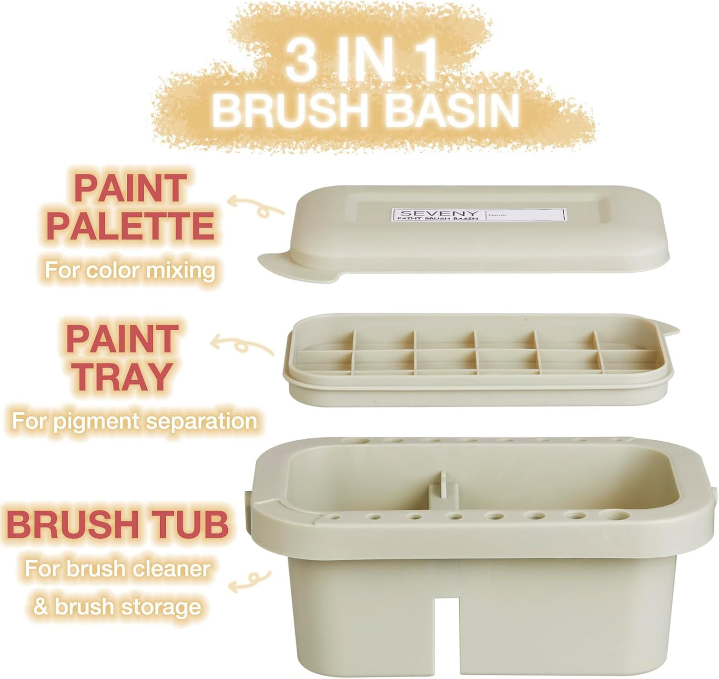 SEVENY Paint Brush Basin with Palette,Painting Art Supply Storage Organizer for Acrylic, Watercolor, and Water-Based Paints(Grey)