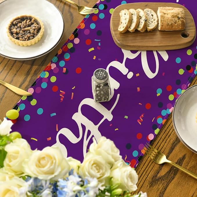 Artoid Mode Polka Dot Purple Happy Birthday Table Runner, Seasonal Kitchen Dining Table Decoration for Home Party Decor 13x72 Inch