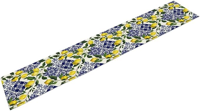 Lemon Fruit Nature Table Runner Farmhouse Talavera Ethnic Folk Rustic Watercolor Blue Dining Table Decoration for Home Holiday Party Dresser Kitchen Cabin Restaurant Wedding Decor 13×70in