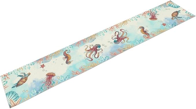 Blue Coastal Table Runner, Nautical Starfish Turtle Seashell Coral Shell Beach Ocean Dining Table Runner for Coffee Table Home Party Decor 13"x36"