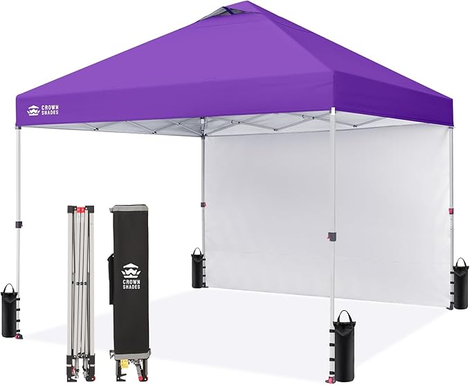 CROWN SHADES 10x10 Pop Up Canopy with 1 Side Wall - Beach Tent with One Push Setup - Outdoor Sun Shade for Events, Parties, Camping - Gazebo with STO-N-Go Cover Bag (Purple)