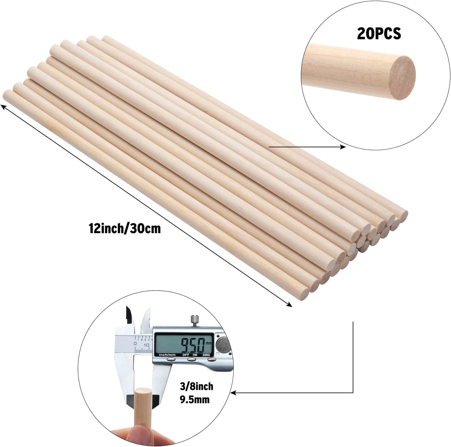 Wooden Dowels Wood Sticks for Crafts 3/8 x 12, 20 PCS Wood Dowel Rods, Round Macrame Dowels, Unfinished Hardwood Sticks for Arts and DIYers, Crafting, Tiered Cake Support and Wedding Ribbon Wands