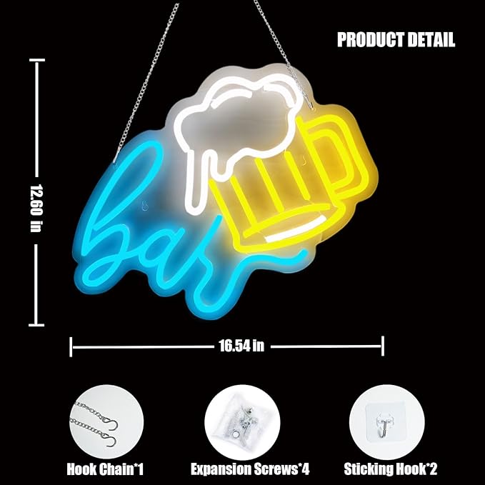 Beer Bar Neon Sign, LED beer Light Up Bar Sign for Home party& pub Bar Decor, 5-Level Dimmable Funny Bar Signs for Man Cave, Business Neon Open Signs for Bars & Wall