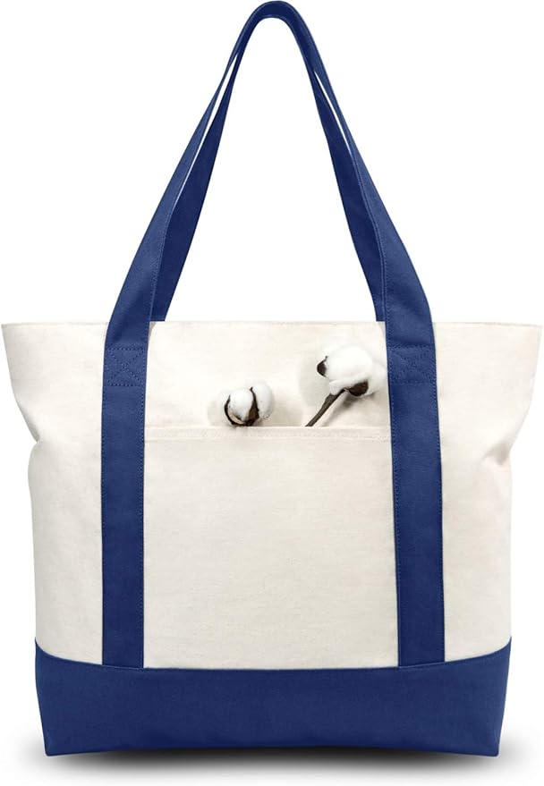 TOPDesign 30-Pack Canvas Tote Bags with an External Pocket, Reusable Grocery Shopping Bags, Top Zipper Closure, Daily Essentials (Blue/Natural)