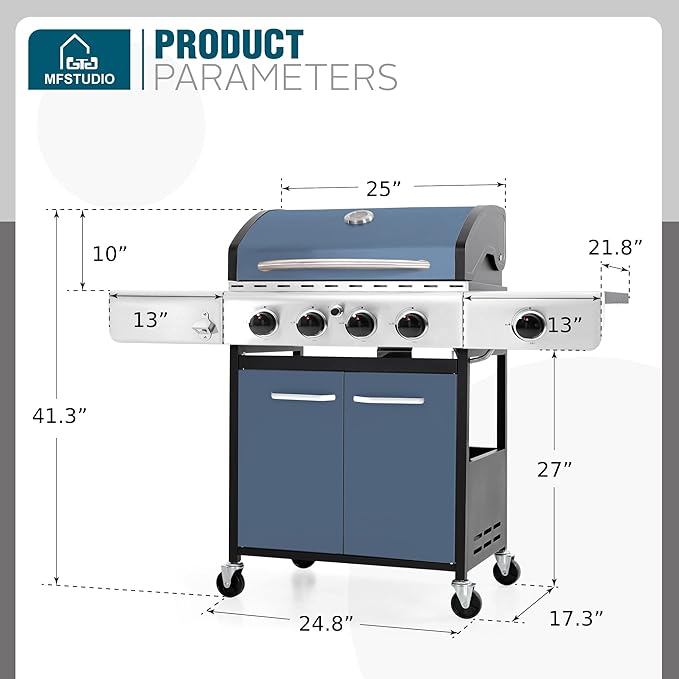 MFSTUDIO 4 Burner BBQ Gas Grill with Side Burner, Propane Grills with Porcelain-Enameled Cast Iron Grates, Durable Stainless Steel frame for Outdoor and Patio Backyard Barbecue Cooking, Blue