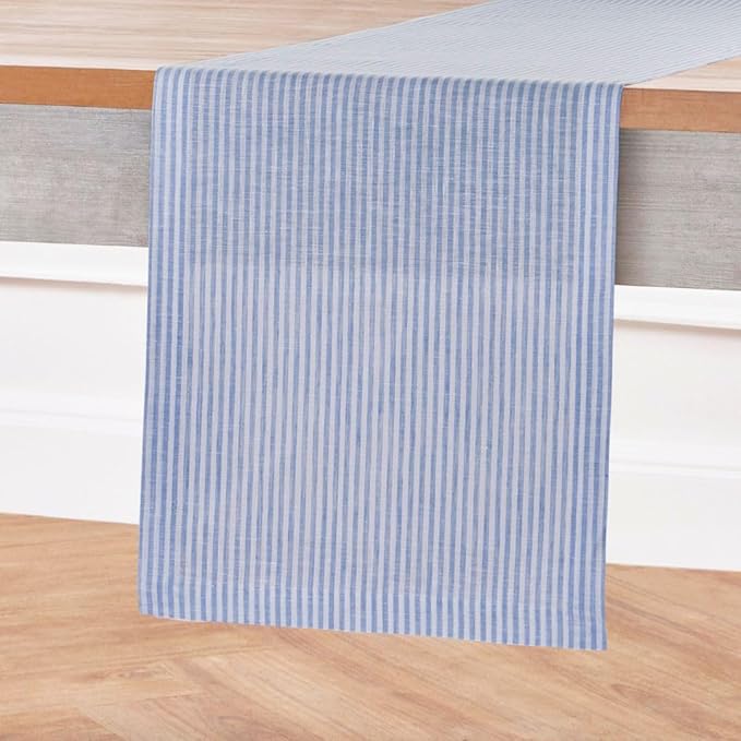 Solino Home Linen Table Runner 132 Inches Long - Narrow Stripe, 100% Pure Linen Cornflower Blue and White Farmhouse Table Runner 14 x 132 Inch for Dining, Winter, Spring, Easter