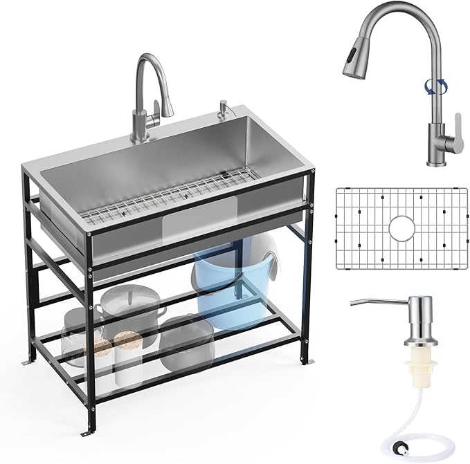 33x19 Inch Stainless Steel Utility Sink-Freestanding Laundry Sink Practicality With Accessories Stainless Functional Faucet,Soap Dispenser, SS Sink Grid For Laundry,Garage,Outdoor Kitchen,Garden...