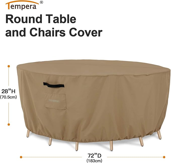 Tempera Round Patio Furniture Cover - Outdoor Table & Sectional Sofa Set Cover, Tear Resistant & Anti-UV, Waterproof - 72"D x 27.8"H, Taupe