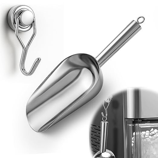 Juome 6oz Stainless Steel Ice Scoop for Freezer with Magnetic Holder, Metal Ice Scoop for Ice Machine, Small Ice Cube Scooper for Freezer Bin for Ge Profile Opal 2.0 Nugget Ice Maker