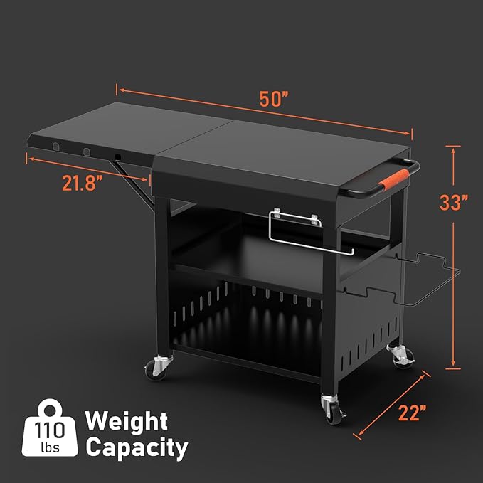 Outdoor Grill Table Cart for Blackstone 28"/36" Omnivore Griddle, 50" x 22“ Large Outdoor Kitchen Island with Foldable Side Table for Blackstone 17”/22” Griddle, Home BBQ, Tailgates, Cookouts