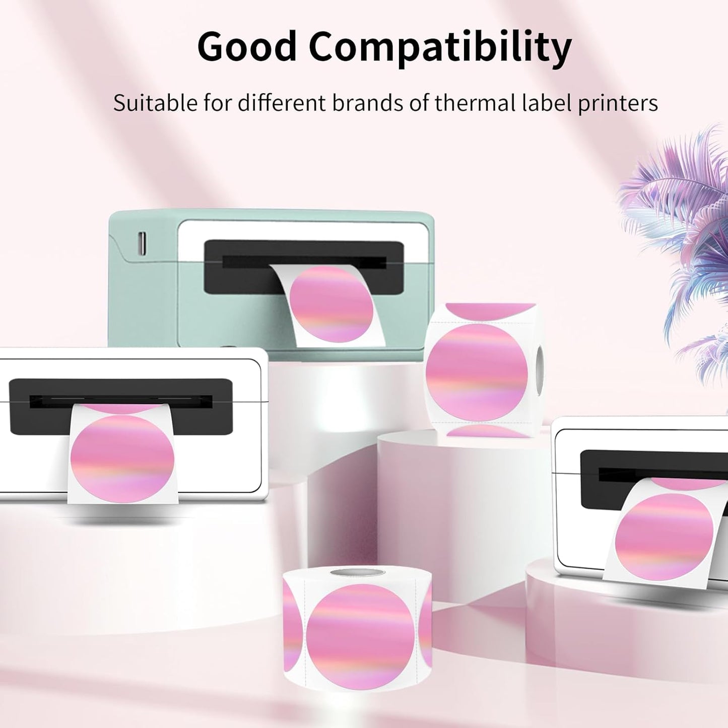 2" Circle Holographic Thermal Label Stickers Pink, Round Printable Rainbow Thermal Sticker for Gift Wrapping, Self-Adhesive/Perforation Line Design