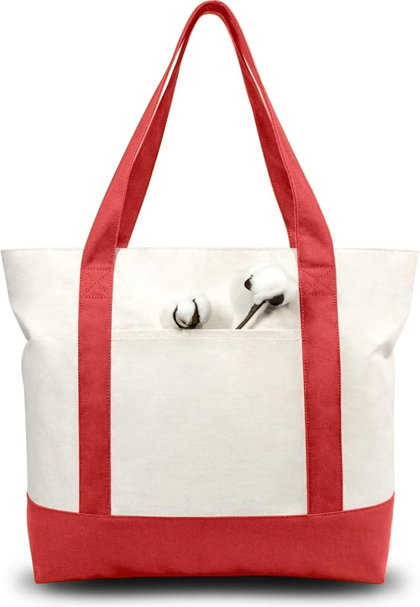 TOPDesign 3-Pack Canvas Tote Bags with an External Pocket, Reusable Grocery Shopping Bags, Top Zipper Closure, Daily Essentials (Red/Natural)