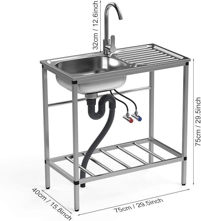 Stainless Steel Utility Sink with Cabinet, Outdoor Sinks Station for Patio & Camping, Kitchen and Cabinet Combo Stainless Steel