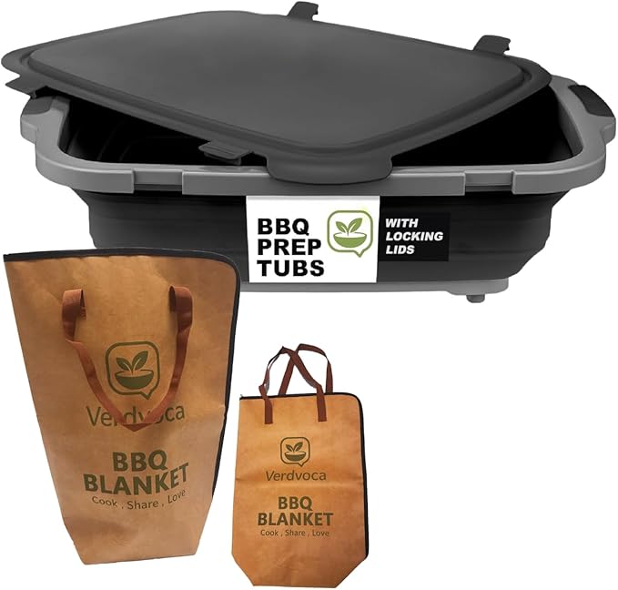 16L Black Collapsible BBQ Prep Tub with Locking Lids & 21 Inch Tyvek Brown BBQ Blanket for Resting Meat