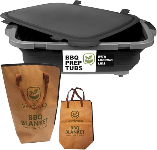 16L Black Collapsible BBQ Prep Tub with Locking Lids & 21 Inch Tyvek Brown BBQ Blanket for Resting Meat