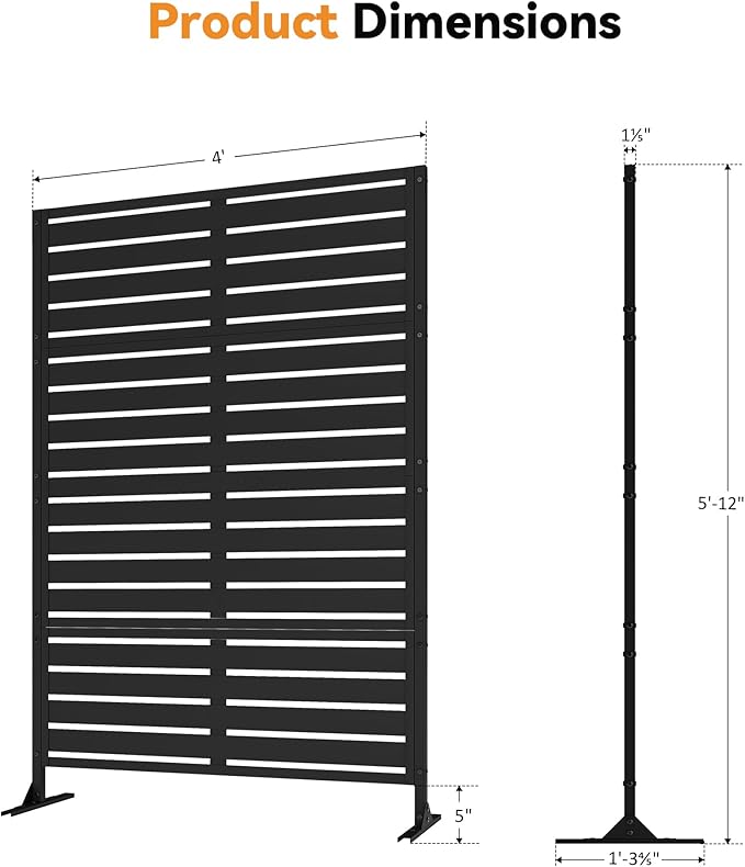 Modern Shade Metal Privacy Screen Outdoor 72" H x 48" W, Stable & Durable Privacy Fence Panels for Instant Privacy & Space Division, Freestanding Decorative Patio Screens for Outdoor, Black (1 Panel)