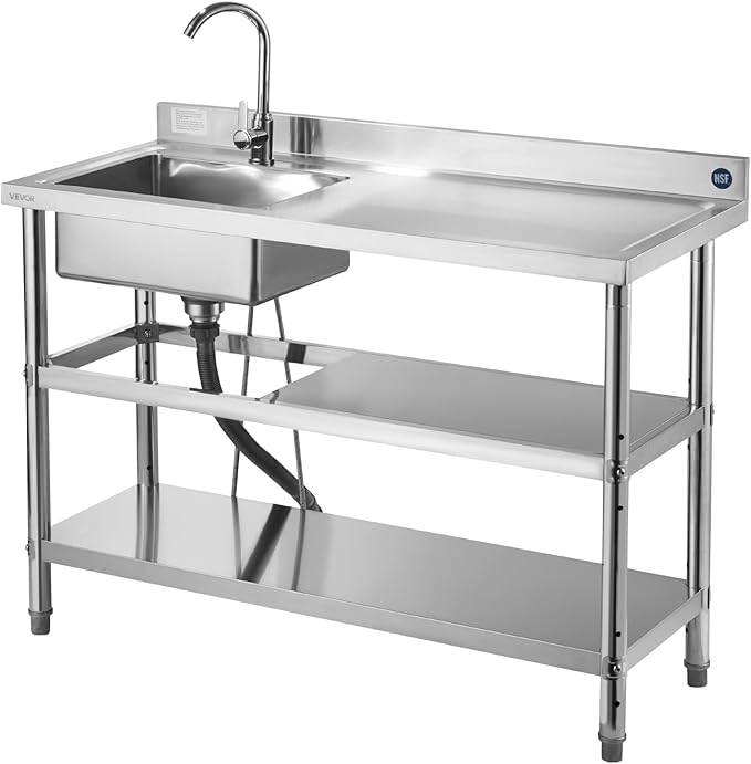 VEVOR Stainless Steel Utility Sink, Free Standing Single Bowl Commercial Kitchen Sink with Faucet and Hot & Cold Water Pipe, Dual Storage Shelves for Garage, Restaurant, Laundry, 47.2 x 19.7 x 37 in