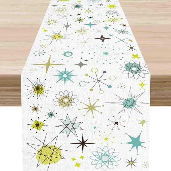 Mid Century Table Runner, Retro 1950s Atomic Pattern Modern Abstract Geometric Coffee Table Center Decor for Home Kitchen Dining Patio Holiday Party Indoor Outdoor Table Decorations, 13"x36" Inch