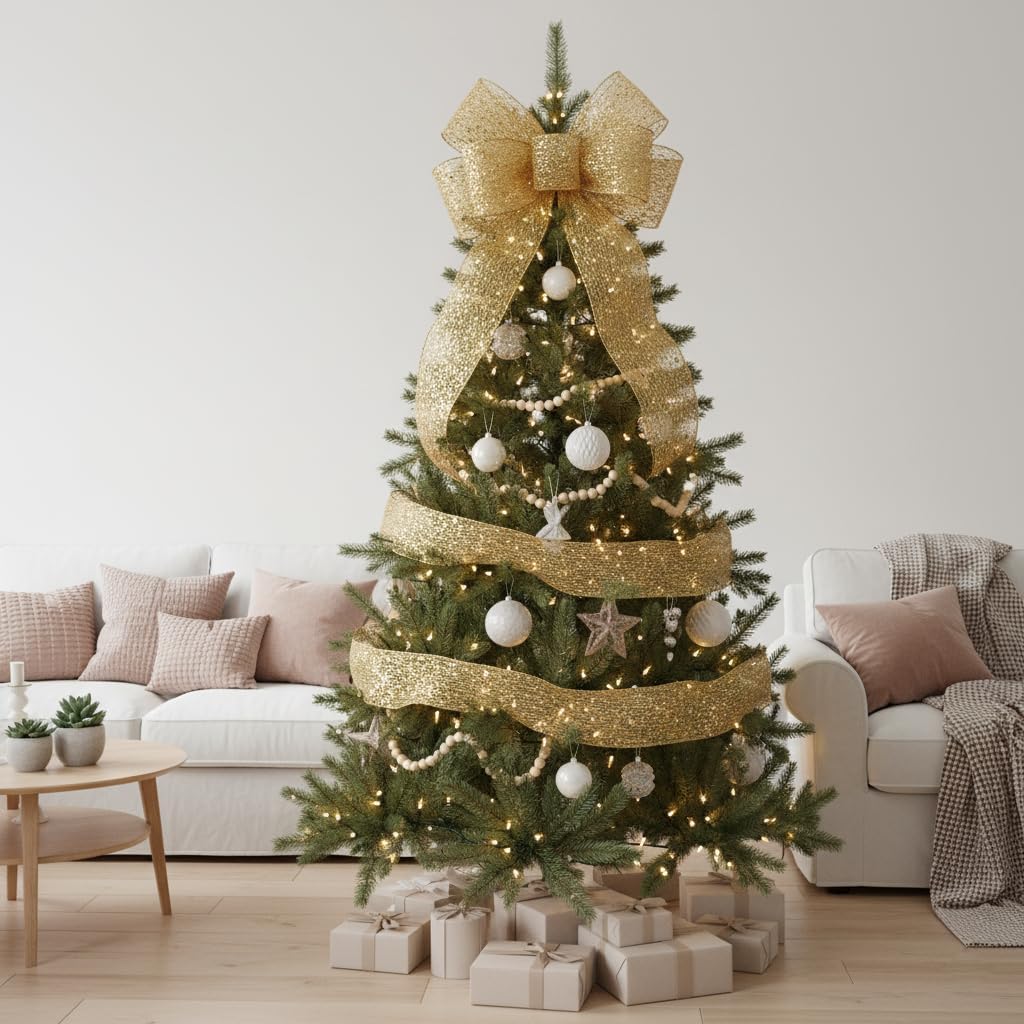 CT CRAFT LLC Sparkling Glitter Mesh Wired Ribbon 4" x 10 Yards Gold for Christmas Home Decor Bow Gift Wrapping DIY Crafts Wreath