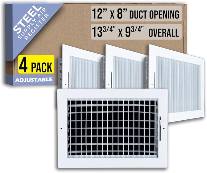 [4 Pack] Fits 12x8 Duct Opening Steel Adjustable Air Supply Grille by Handua | Register Vent Cover Grill for Sidewall and Ceiling | White | Out. Dim.: 13.75" X 9.75"