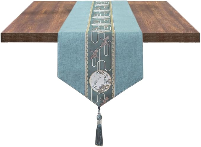 Embroidered Tassel Table Runner Chinese Style Landscape Painting Waterproof Cotton Linen Holiday Kitchen Dining Table Decoration for Home Party Decor 13x72 Inch (Blue)