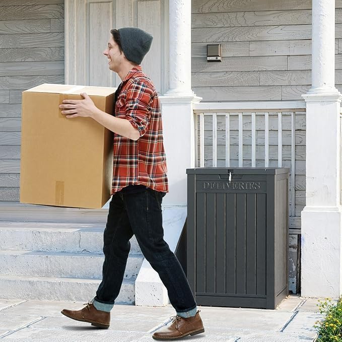 DRATO 48 Gallon Package Delivery Box, Large Lockable Storage Box, Double-Wall Resin Outdoor Package Delivery and Waterproof Deck Box for Porch, Patios（Black，48 Gallon）