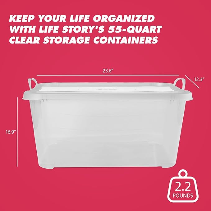 Life Story 6 Pack Light Duty Stackable Storage Bin, 55 Quart Home Organizer, Versatile Lightweight Locking Bins with Carrying Handles, Clear