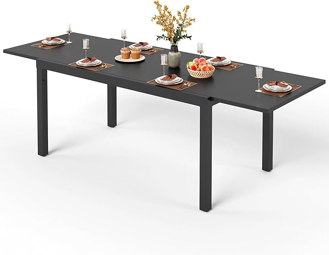 PHI VILLA Extra Large Expandable Patio Dining Table 99.2" × 35.5" Metal Outdoor Table for 6-10 Person, Metal Outdoor Dining Table with E-Coating for Garden Deck Yard- (Black)