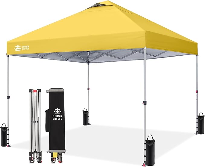 Crown Shades 10x10 Pop Up Canopy - Beach Tent with One Push Setup - Outdoor Sun Shade for Events, Parties, Camping - Gazebo with STO-N-Go Cover Bag, Silver Coated Top, 3 Height& 4 Sand Bags, Yellow
