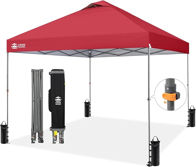 CROWN SHADES Adjustable Height on The Fly, 10x10 Pop Up Canopy - Beach Tent with One Push Setup - Easy Outdoor Sun Shade for Events, Parties, Camping - Outside Shade with STO-N-Go Bag, Red
