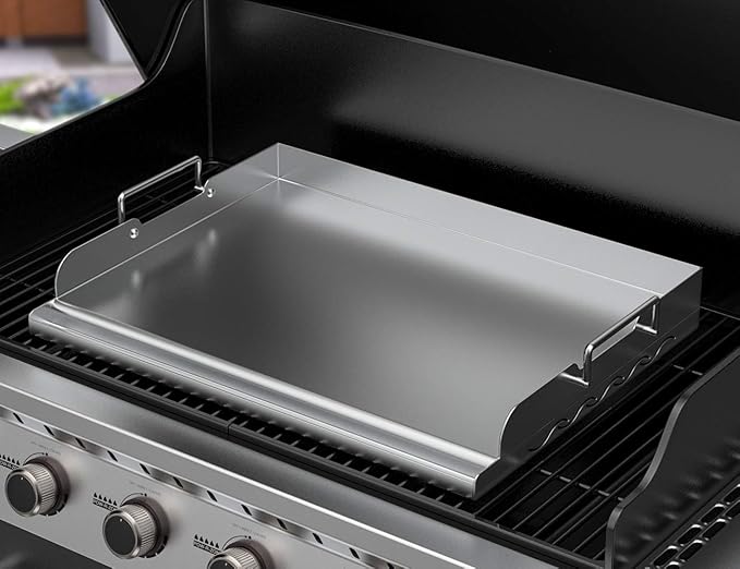 Skyflame Universal Stainless Steel Griddle Flat Top Plate with Even Heating Bracing for BBQ Charcoal/Gas Grills, Camping, Tailgating, and Parties 17" x 13"