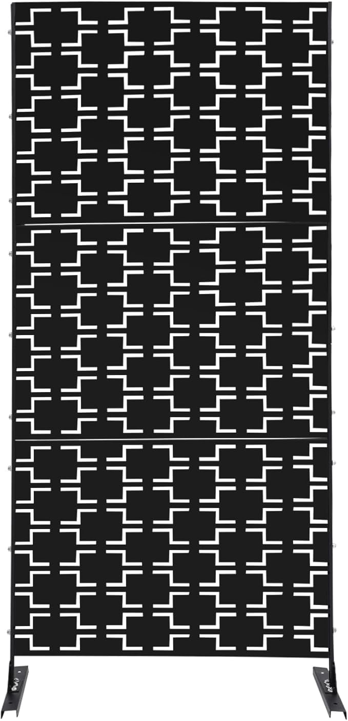75" H×35" W Decorative Outdoor Privacy Screen with Stand, Outdoor Decor Privacy Fence Screen Metal Fence Panels, Free Standing Metal Divider for Patio Lawn Deck (Black-Rectangular)