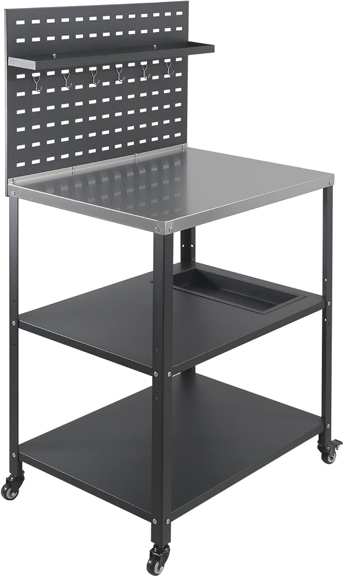 Three-Tier Grill Cart with Hanging Plate,Grill Table with 2 Locking Casters for Patio and Backyard,Stainless Steel Pizza Oven Stand Table,Black