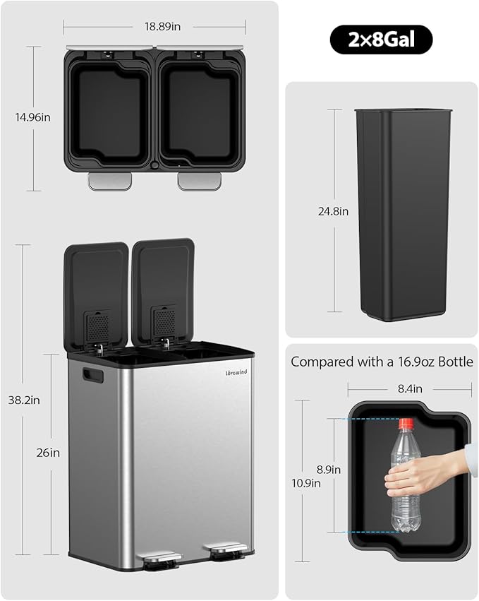 Lovewind Kitchen Trash Can, 2 x 8 Gallon (2 x 30 L) Stainless Steel Trash and Recycle Bin Combo with Soft-Close Lid, Dual Compartment Recycling Kitchen Step Trash Bin, Silver