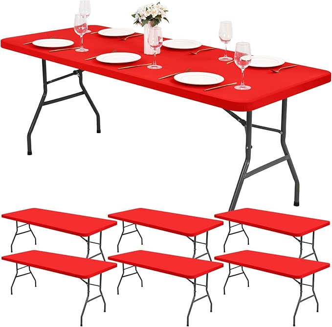6 Pack Stretch Fabric Table Top Cap Cover, Red Table Covers fits 8Ft Tables, Washable Elastic Universal Rectangle Tablecloth Protector for Indoor Outdoor Party Picnic Wedding (30" W x 96" L)