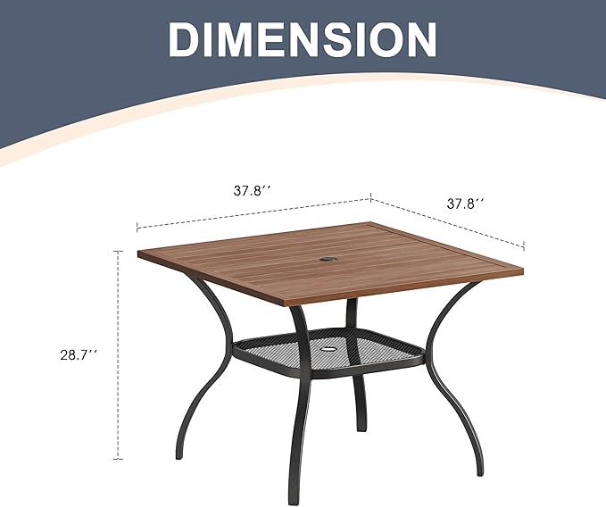 VICLLAX Patio Dining Table for 4 Square Metal Outdoor Table with Umbrella Hole and Storage Shelf for Garden Lawn Balcony Deck, Walnut