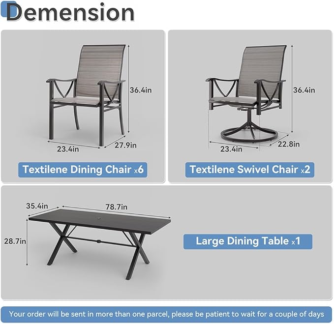 Kurapika 9-Piece Patio Dining Set, Outdoor Large Table with Umbrella Hole, 6 Stationary Chairs and 2 Swivel/Rocking Chairs, Patio Furniture Set for Garden, Deck, Porch, Pool All Weather, Brown