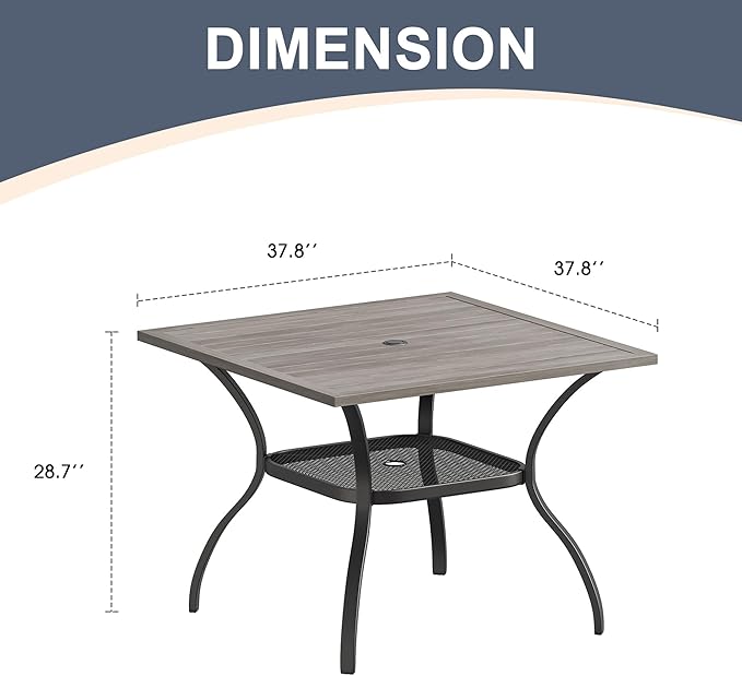 VICLLAX Patio Dining Table for 4 Square Metal Outdoor Table with Umbrella Hole and Storage Shelf for Garden Lawn Balcony Deck, Grey