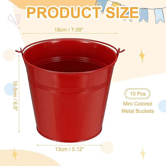 Small Metal Buckets, Mini Buckets with Handle Galvanized Colored Tin Pail Containers Basket Party Supplies - Fit for (Halloween - Classroom Crafts) 7" & 10Pcs & Red