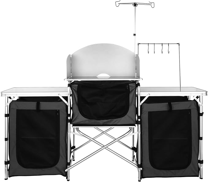 VEVOR Camping Kitchen Table, Folding Outdoor Cooking Table with Storage Carrying Bag, Aluminum Cook Station 3 Cupboard & Detachable Windscreen, Quick Set-up for Picnics, BBQ, RV Traveling, Black