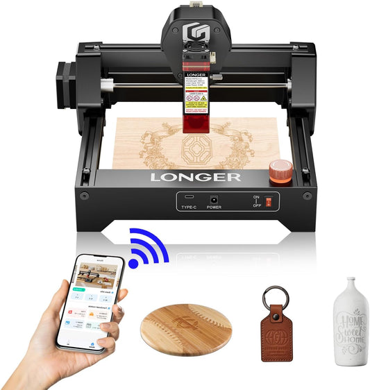 LONGER Ray5 mini Laser Engraver, 12000mm/min High-Speed Cutter for Wood, Metal, Acrylic, Leather, DIY CNC, 140x130mm Engraving Area, WiFi, Emergency Stop Safety (2.5W)